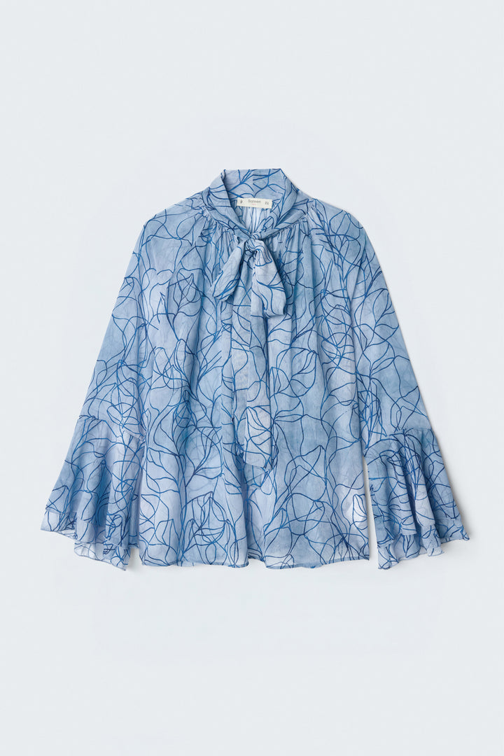 Sateen Blouse avec foulard imprimé - Bleu