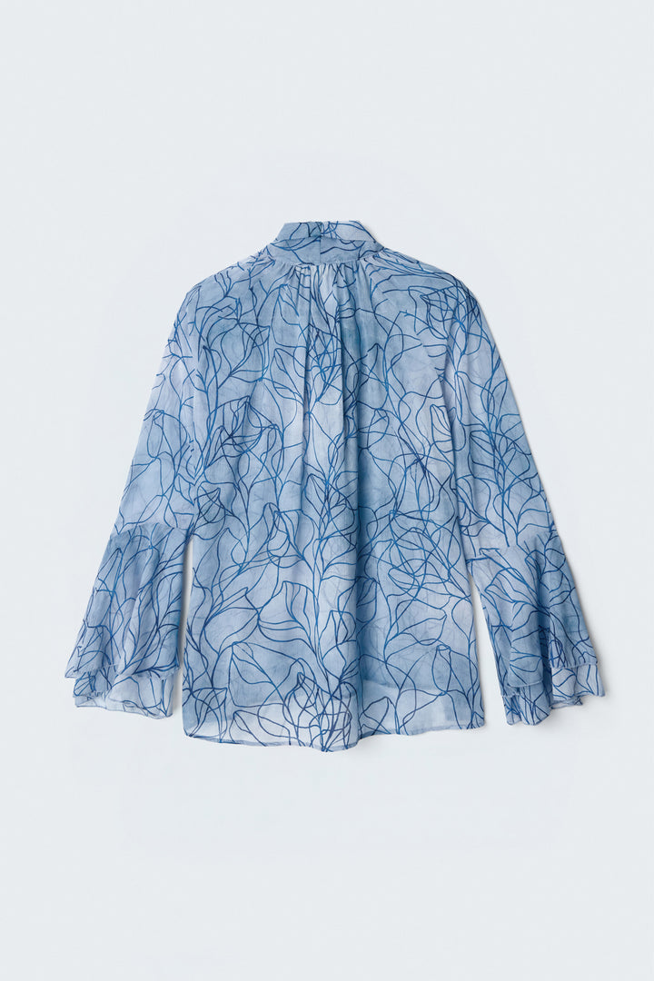 Sateen Blouse avec foulard imprimé - Bleu