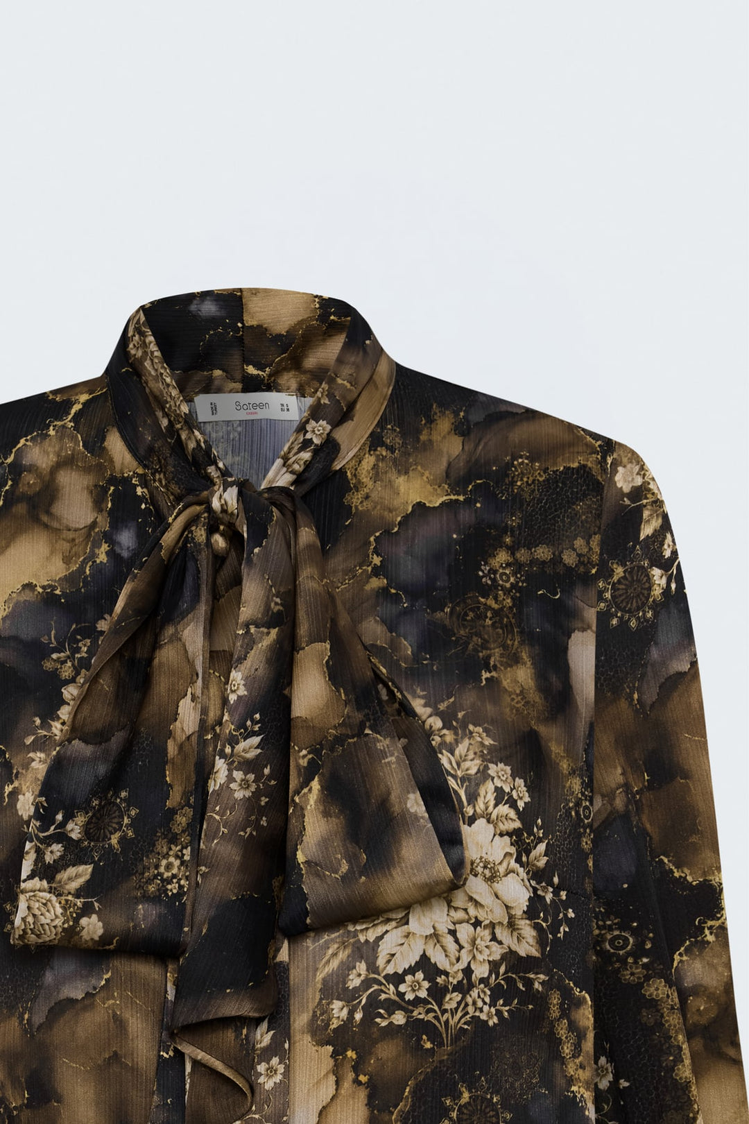Sateen Chemise à Motif avec Foulard - Marron