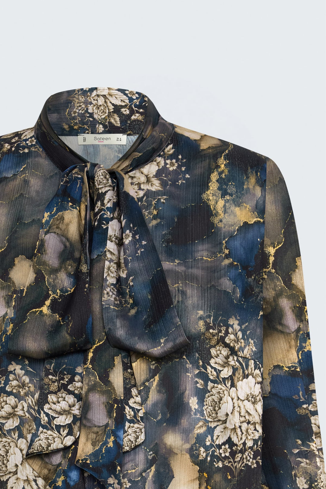 Sateen Chemise à Motif avec Foulard - Bleu marine