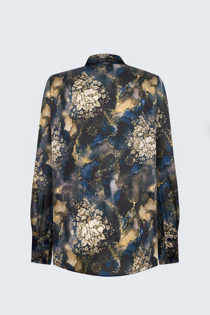 Sateen Chemise à Motif avec Foulard - Bleu marine