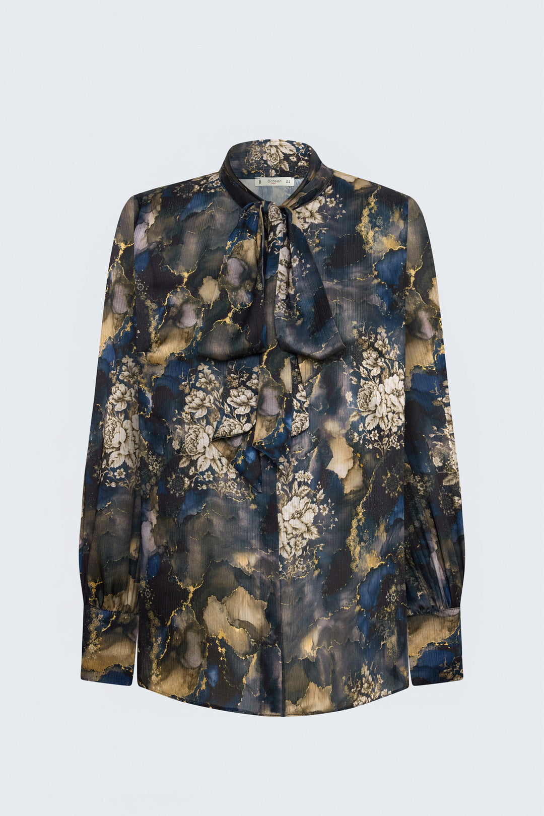 Sateen Chemise à Motif avec Foulard - Bleu marine