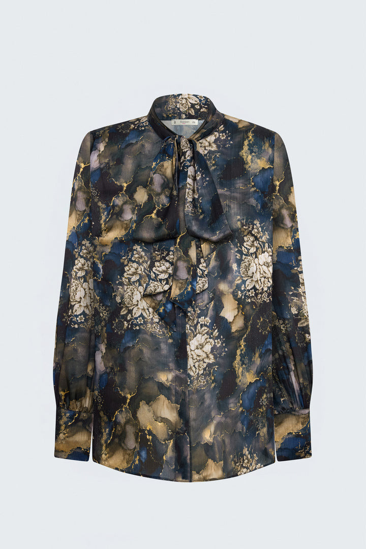 Sateen Chemise à Motif avec Foulard - Bleu marine