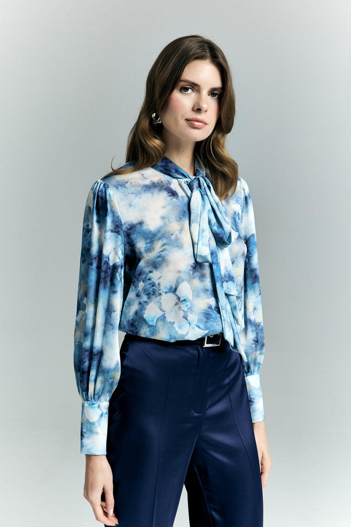 Sateen Chemise à Foulard à Motifs - Bleu