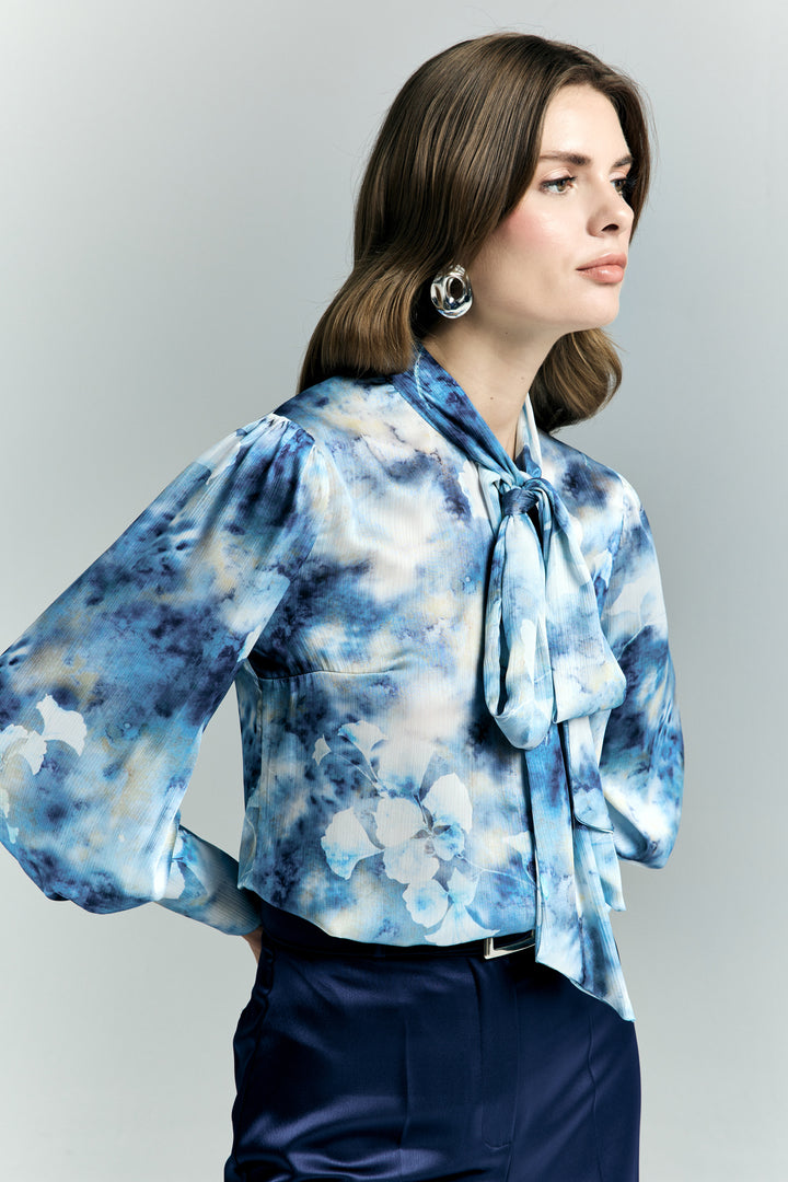 Sateen Chemise à Foulard à Motifs - Bleu