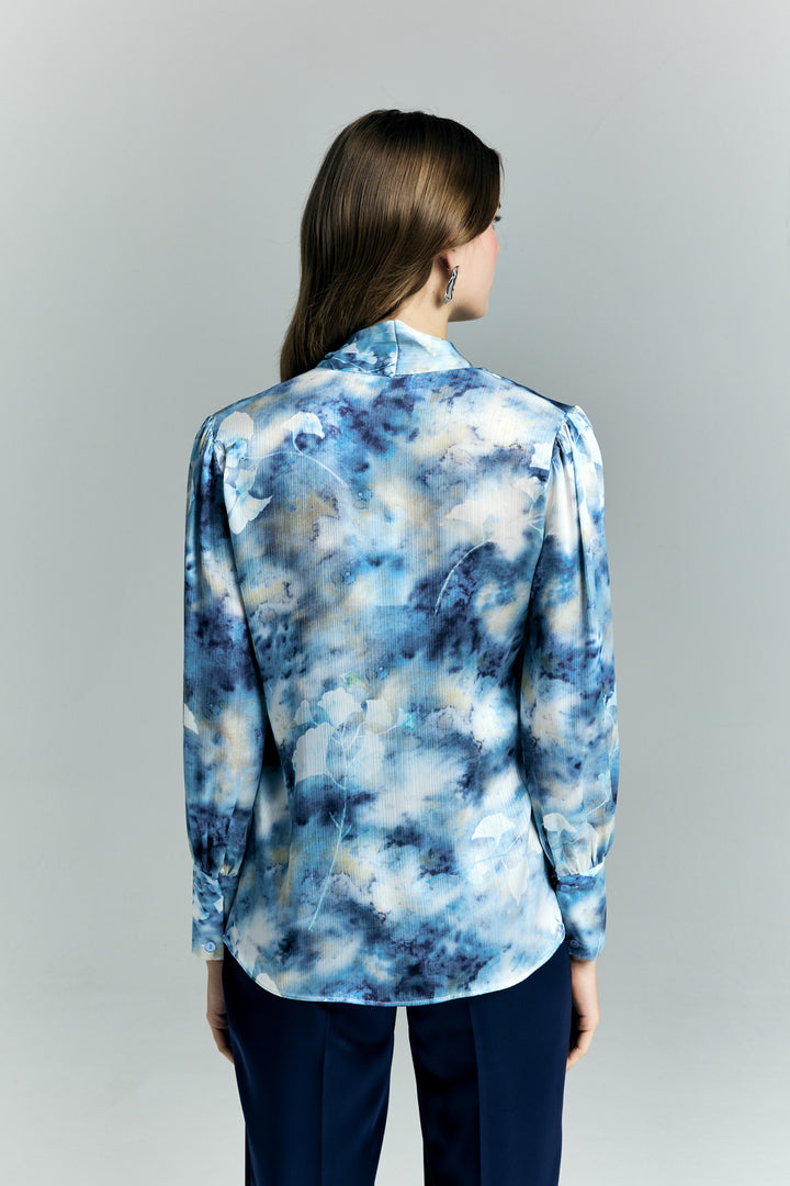 Sateen Chemise à Foulard à Motifs - Bleu