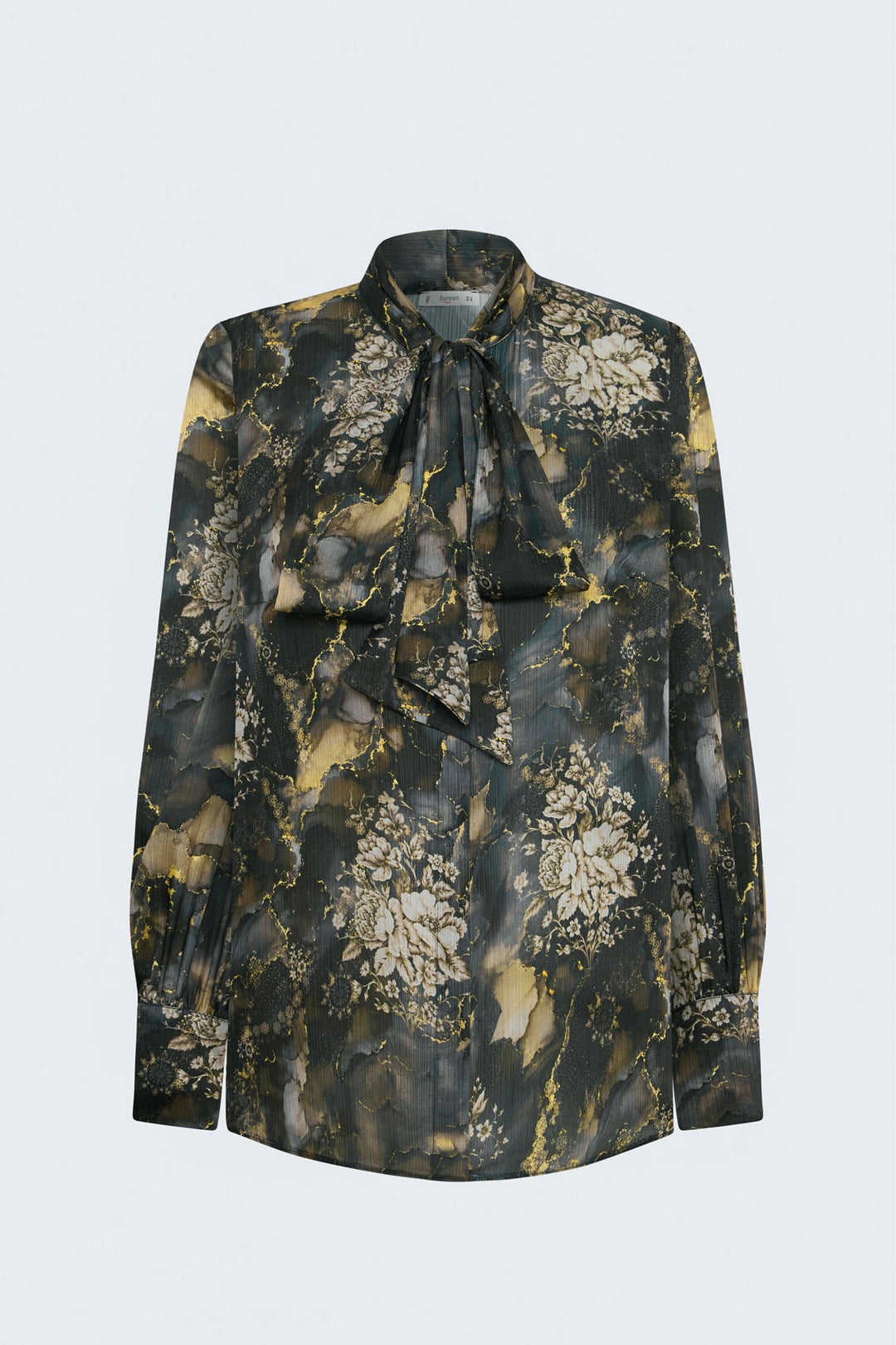 Sateen Chemise à Motif avec Foulard - Noir