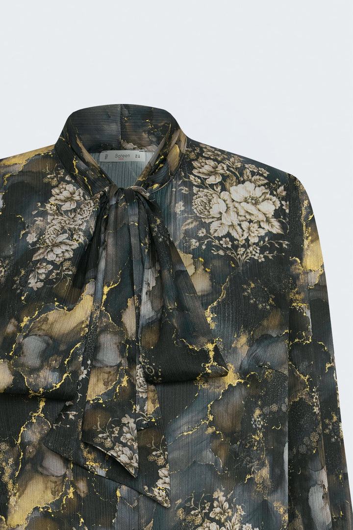 Sateen Chemise à Motif avec Foulard - Noir