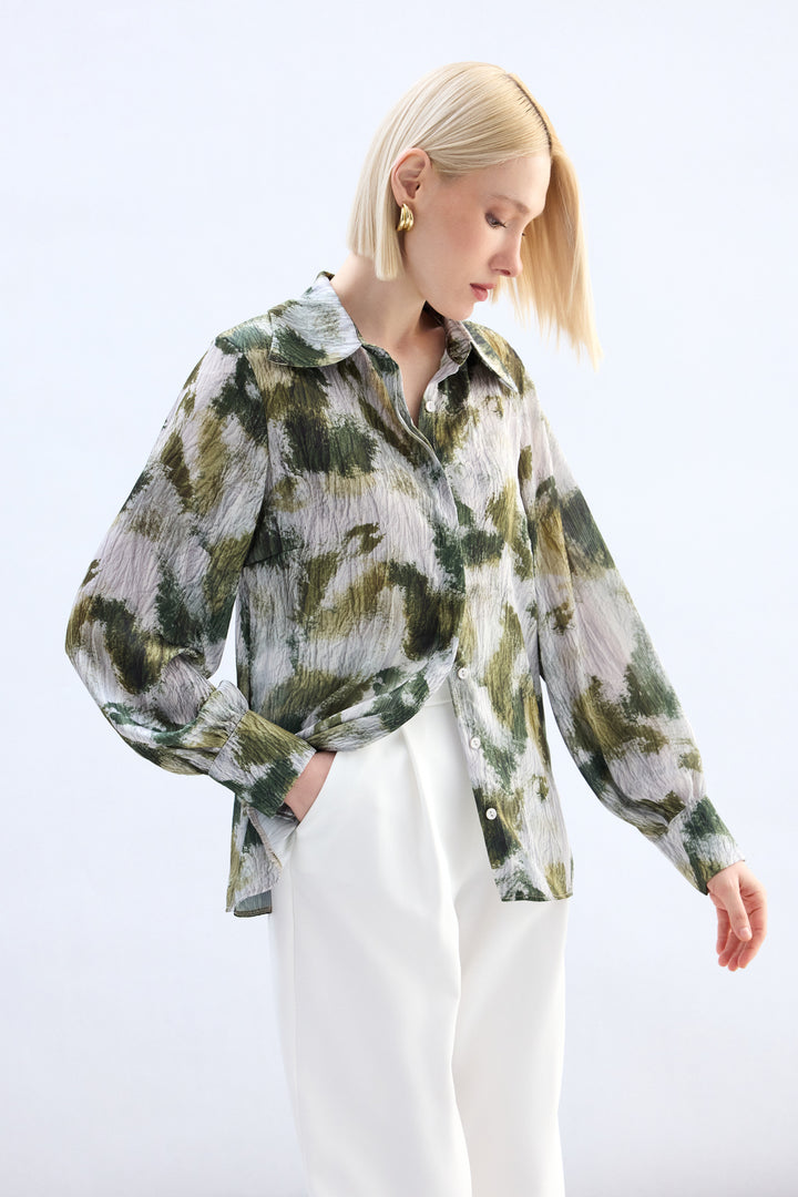 Sateen Chemise à motifs - Kaki