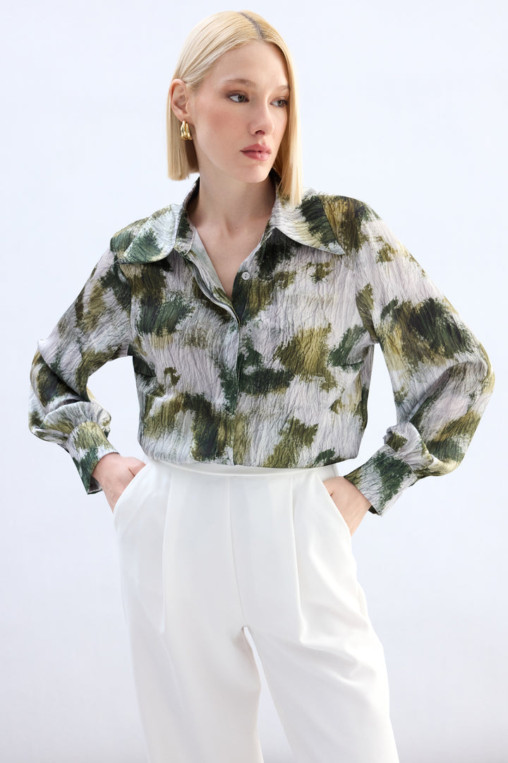 Sateen Chemise à motifs - Kaki