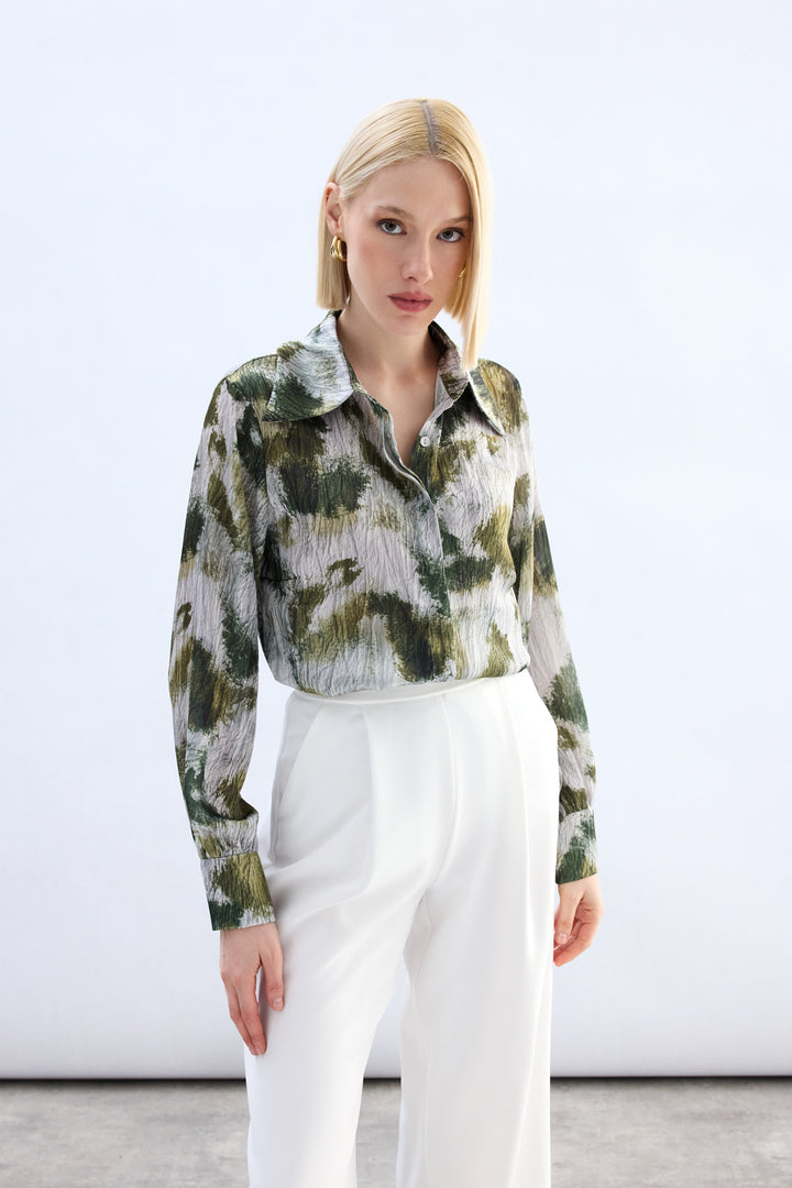 Sateen Chemise à motifs - Kaki
