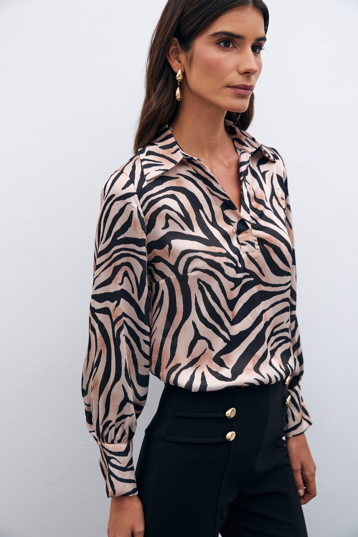 Sateen Blouse à col chemisier imprimée - Noir