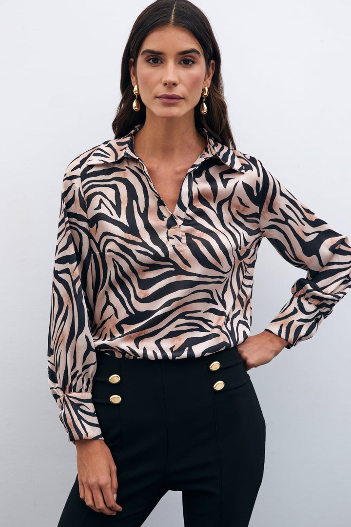 Sateen Blouse à col chemisier imprimée - Noir
