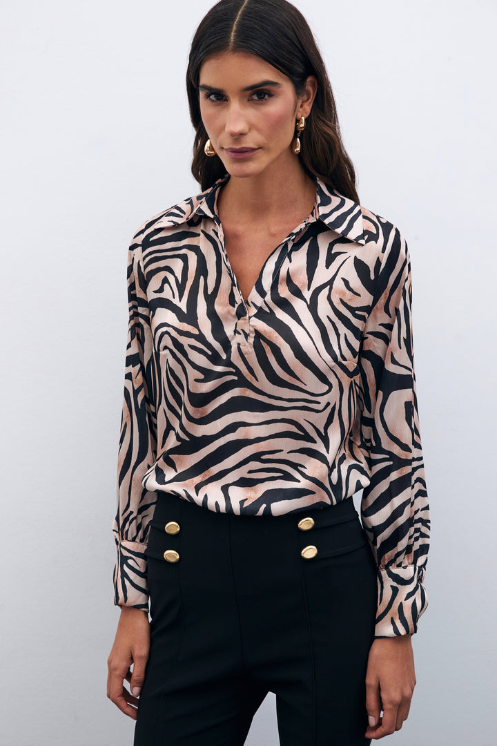 Sateen Blouse à col chemisier imprimée - Noir