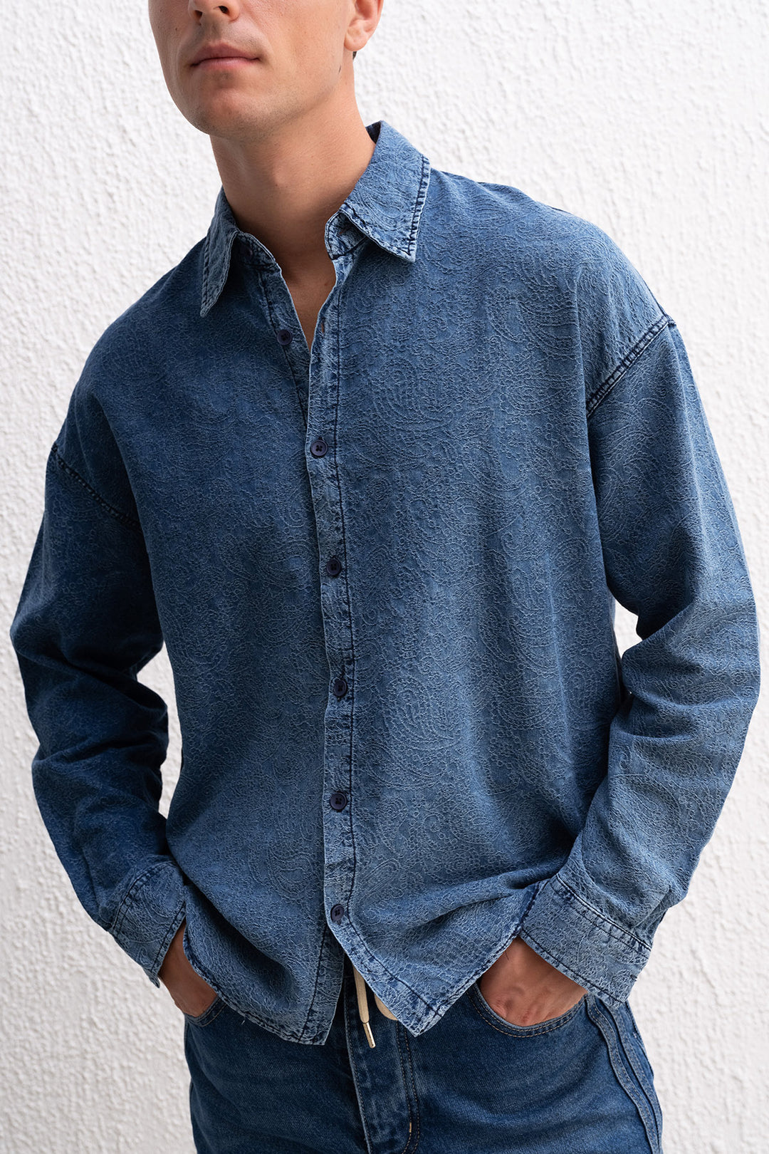 Giesto Chemise en denim bleu foncé à motifs jacquard - Bleu foncé