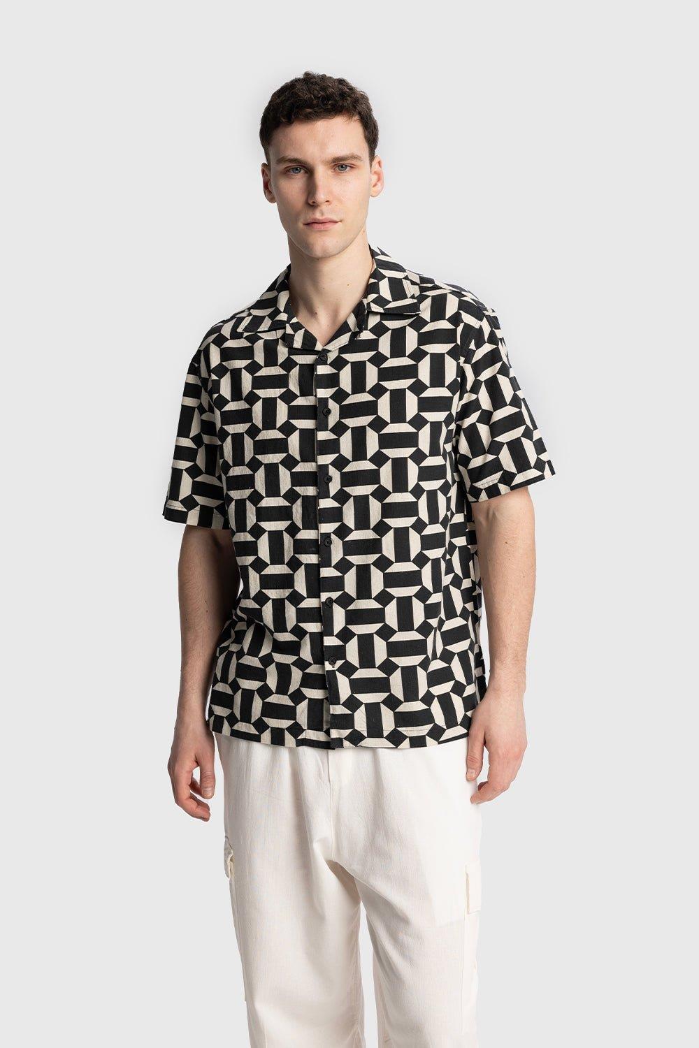 Giesto Chemise en lin à manches courtes à motifs - Noir