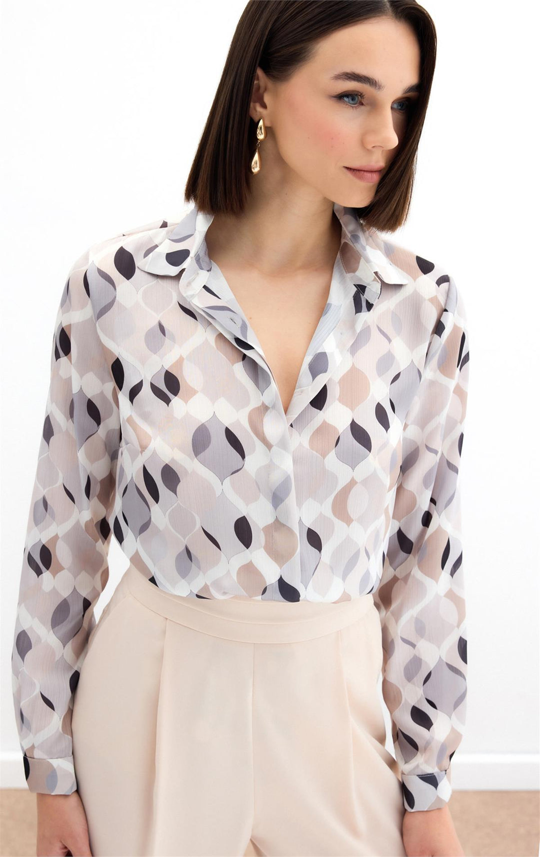 Sateen Chemise classique à motifs - Beige