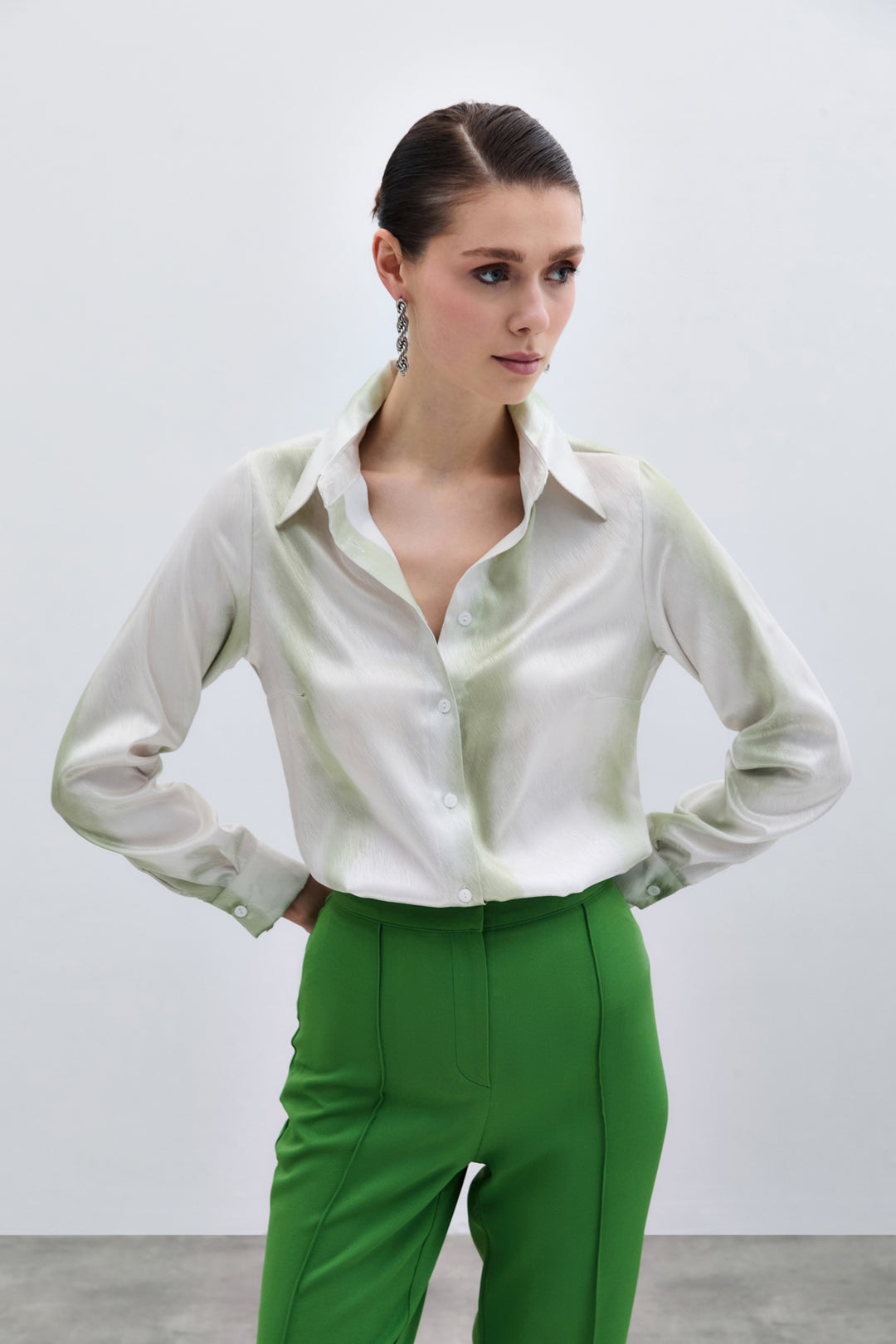 Sateen Chemise Classique Imprimée - Vert amande Vert