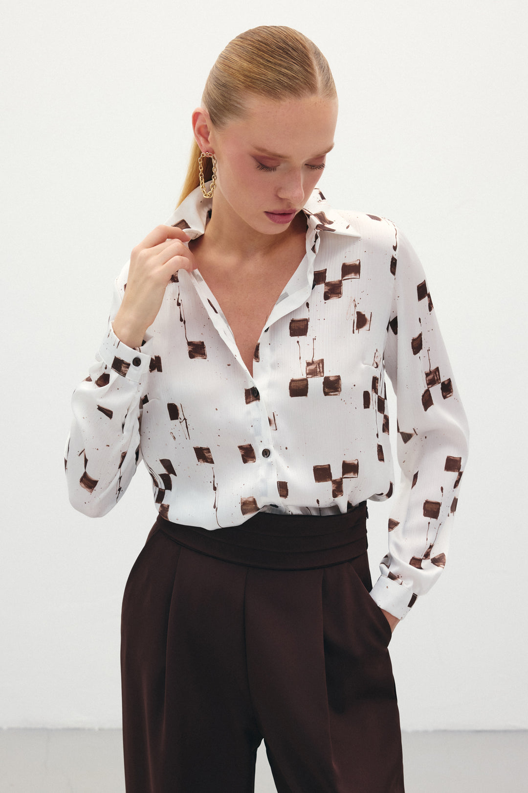 Sateen Chemise classique à motifs - Marron