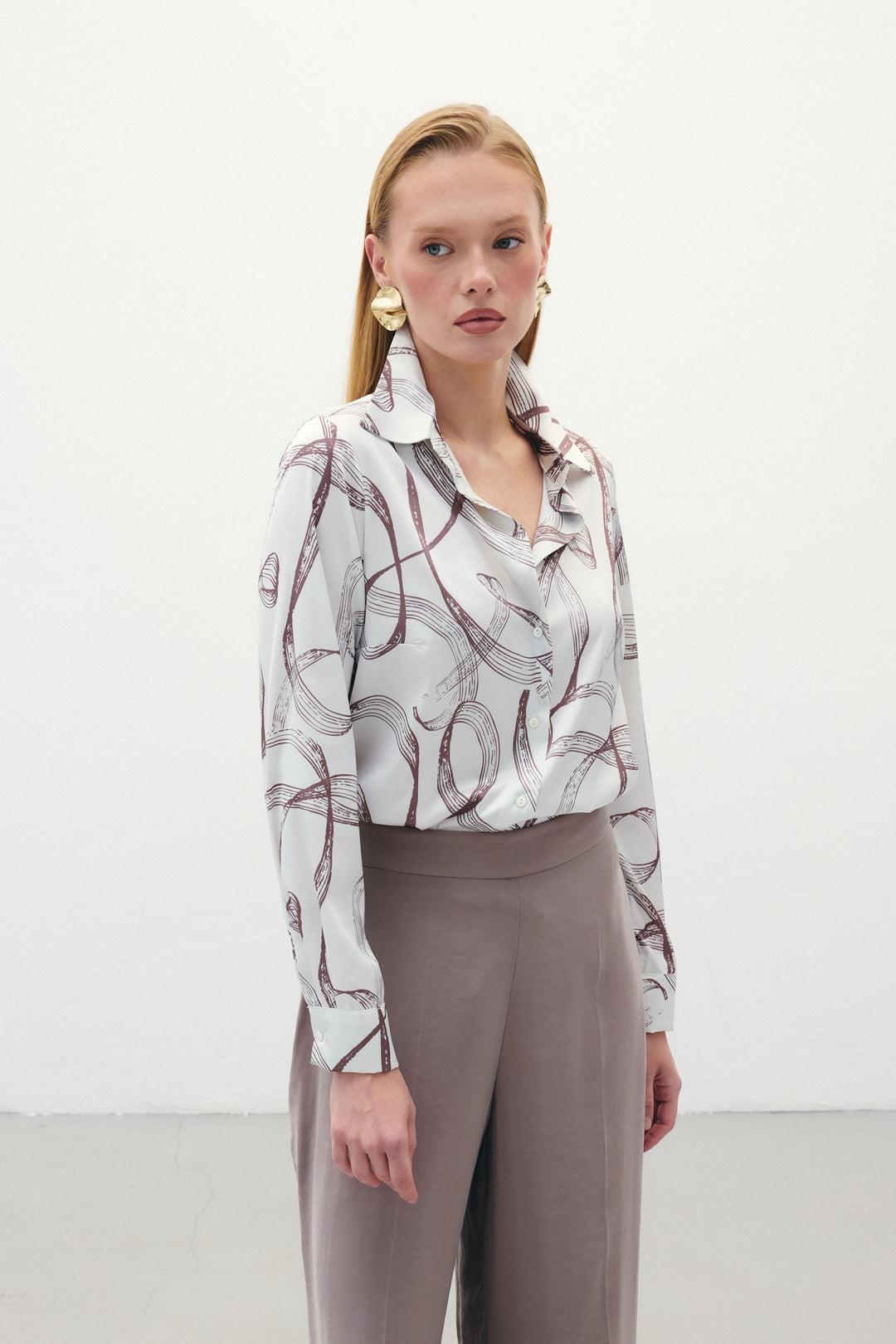 Sateen Chemise Classique Imprimée - Marron