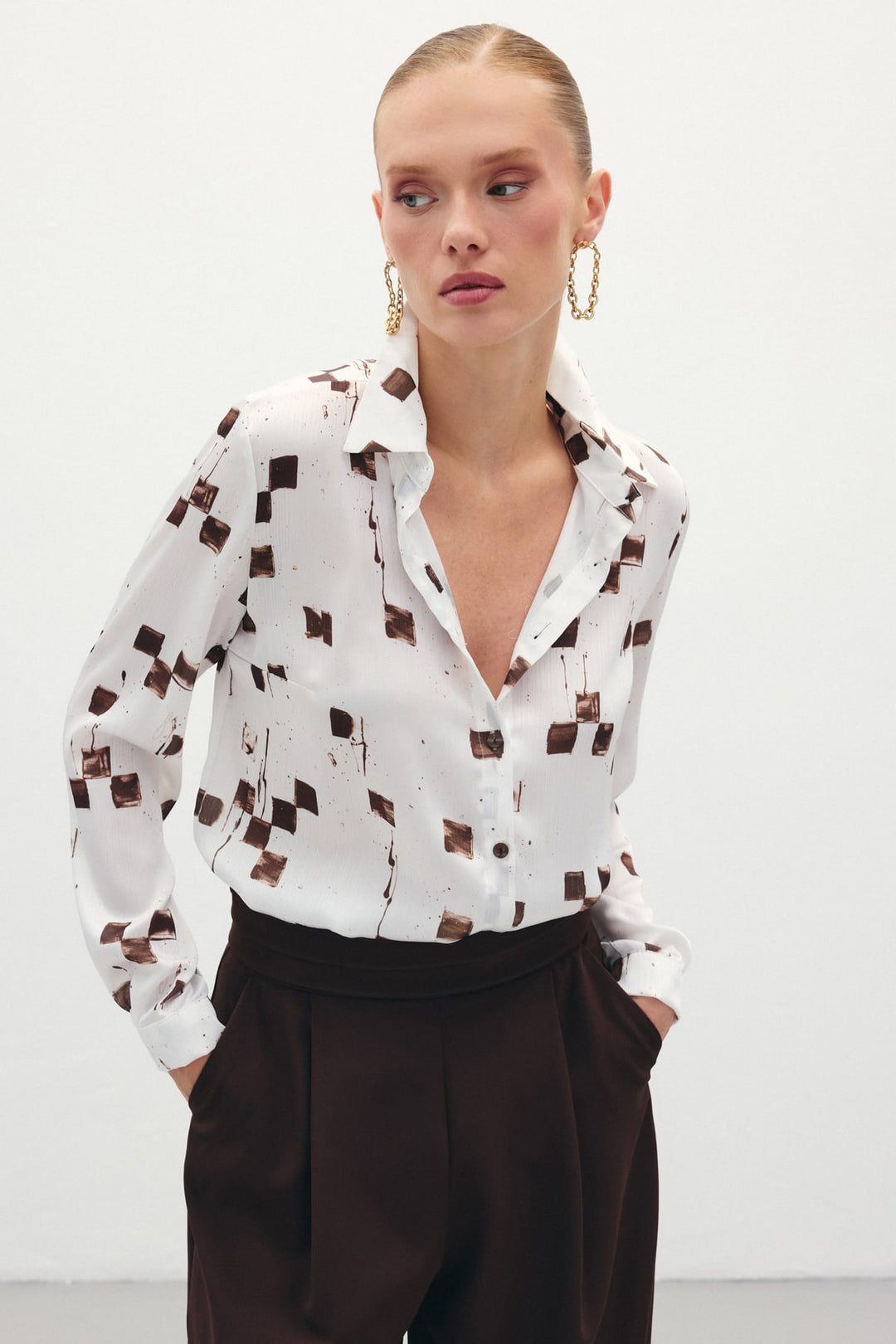 Sateen Chemise classique à motifs - Marron
