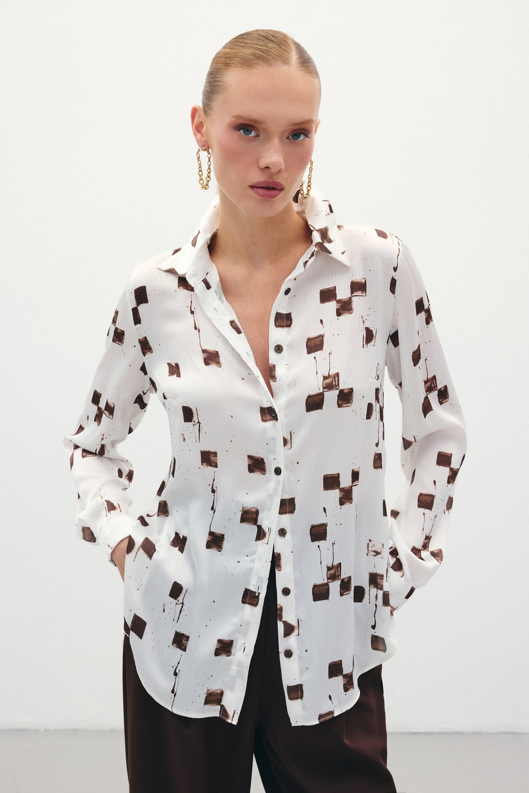 Sateen Chemise classique à motifs - Marron