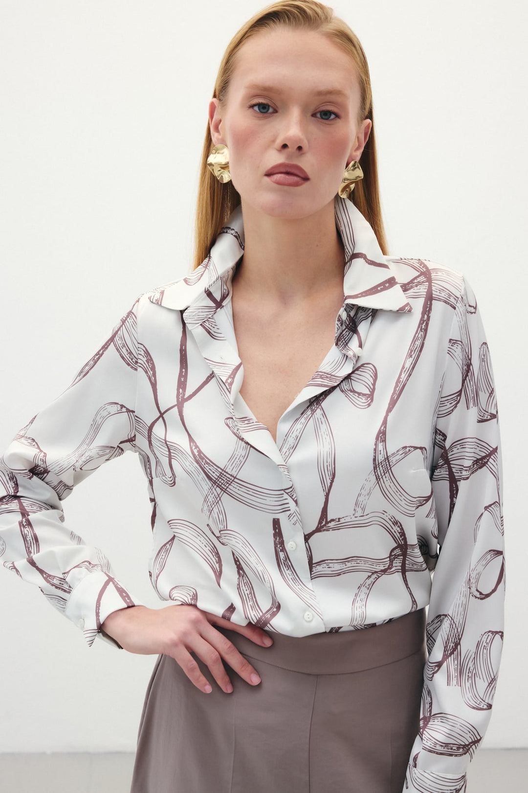 Sateen Chemise Classique Imprimée - Marron
