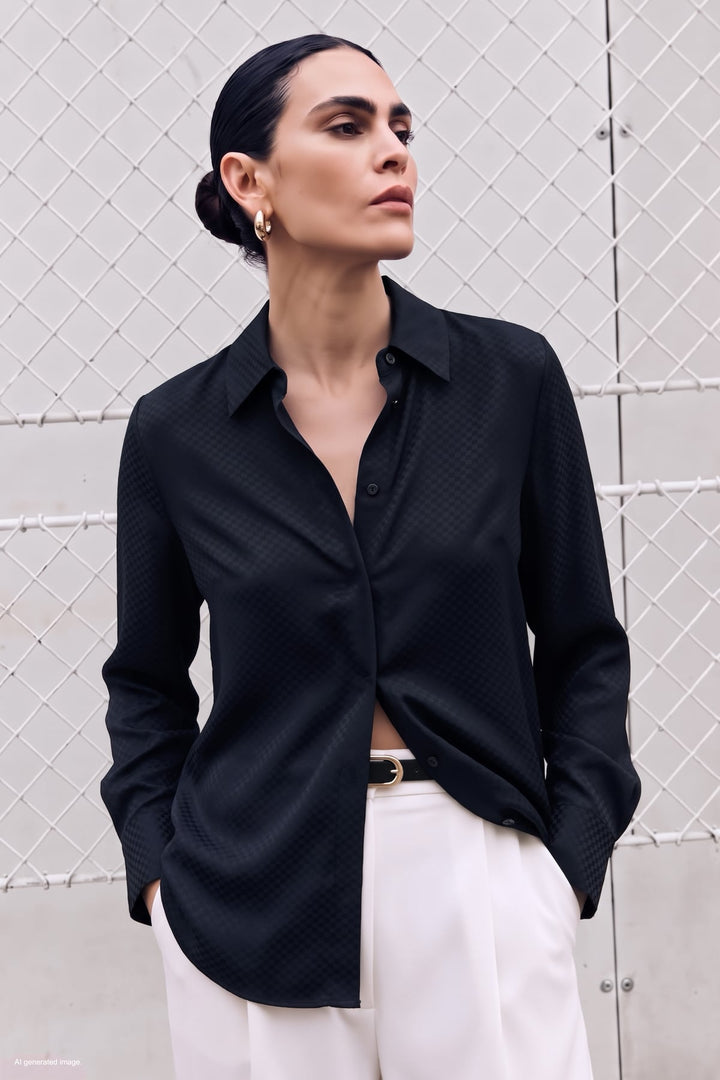 Sateen Chemise classique à motifs - Bleu marine