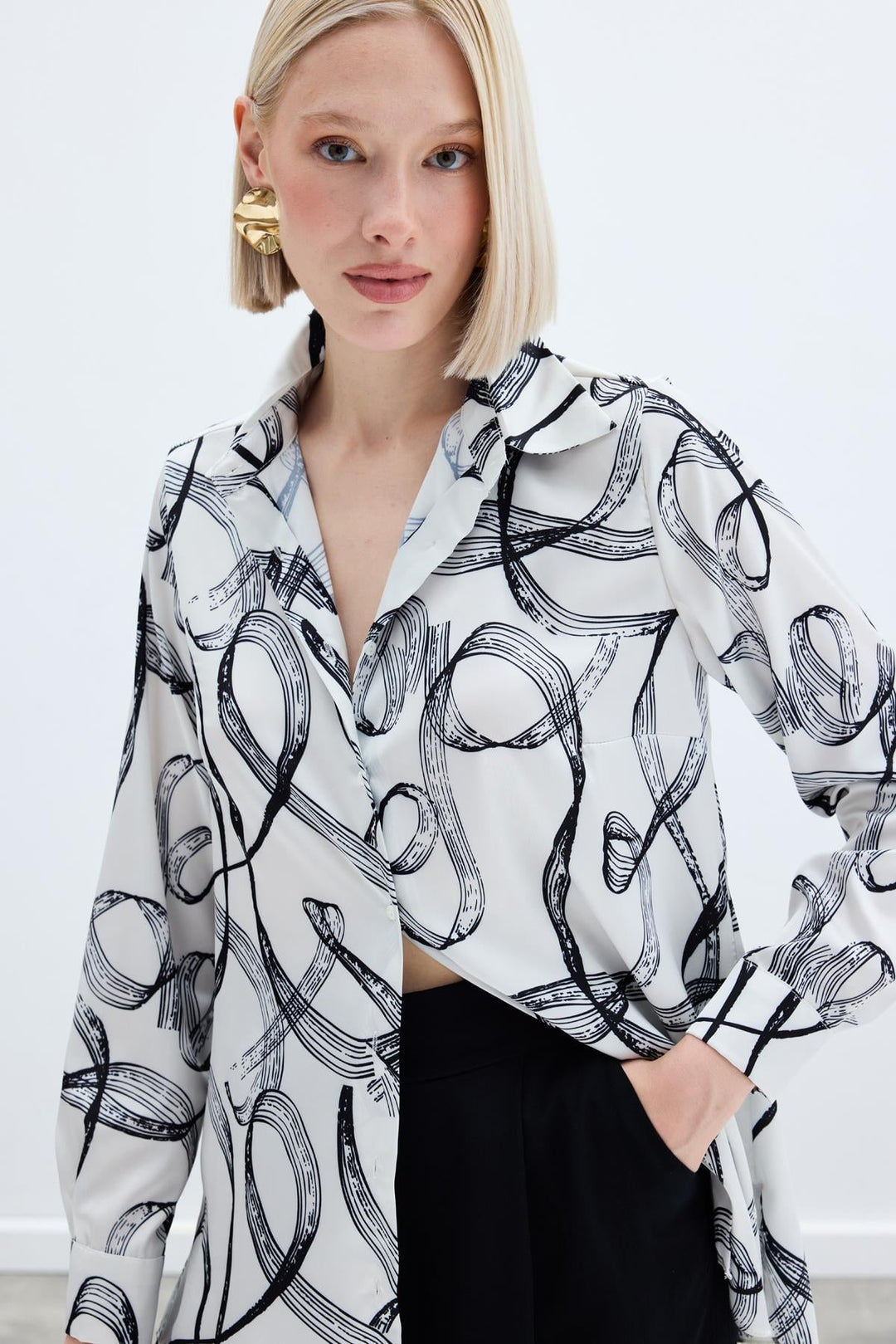 Sateen Chemise Classique Imprimée - Noir