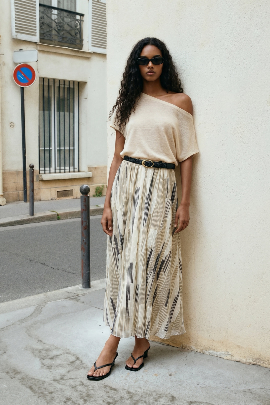 Sateen Jupe Évasée Imprimée - Beige