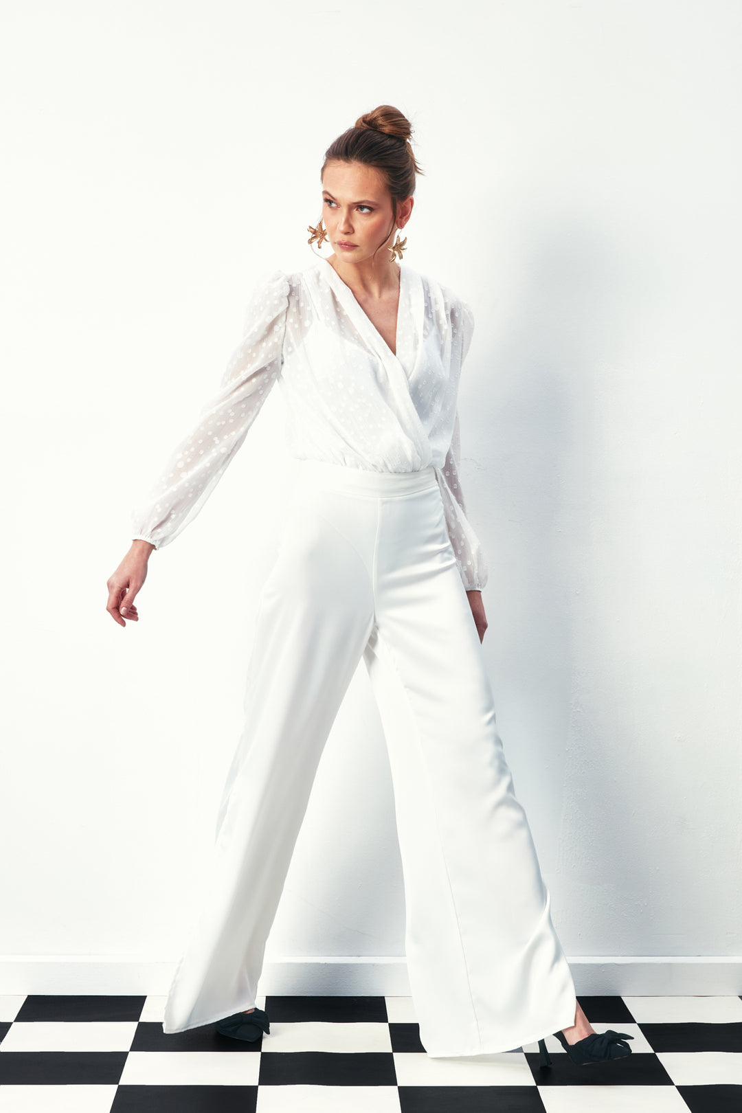 Sateen Blouse Bodysuit Croisée Imprimée - Écru