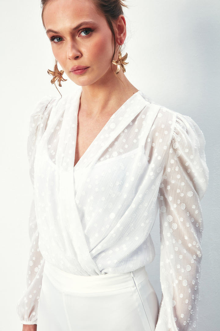 Sateen Blouse Bodysuit Croisée Imprimée - Écru