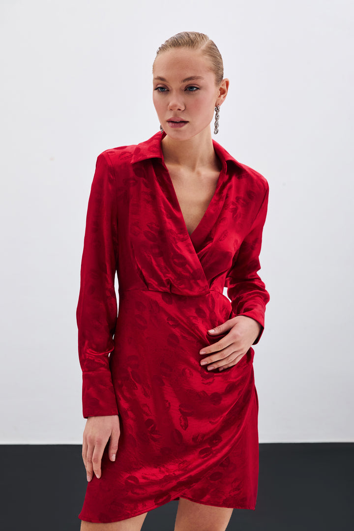 Sateen Robe croisée à motifs - Rouge