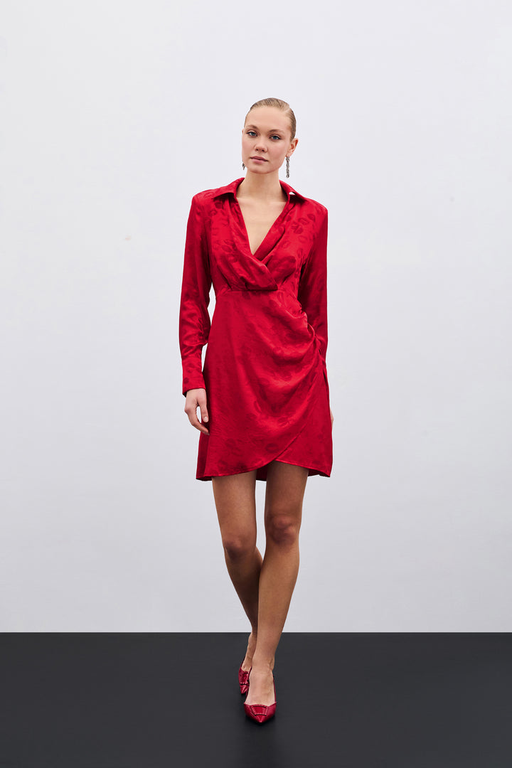 Sateen Robe croisée à motifs - Rouge