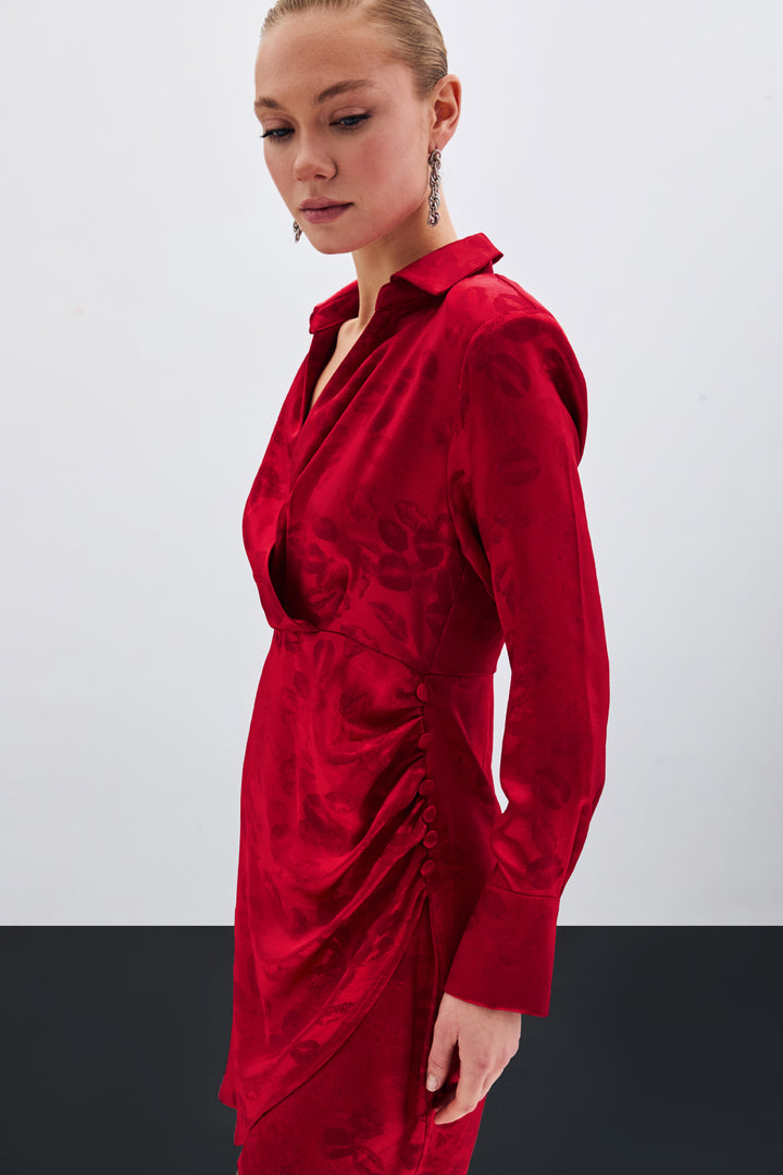 Sateen Robe croisée à motifs - Rouge