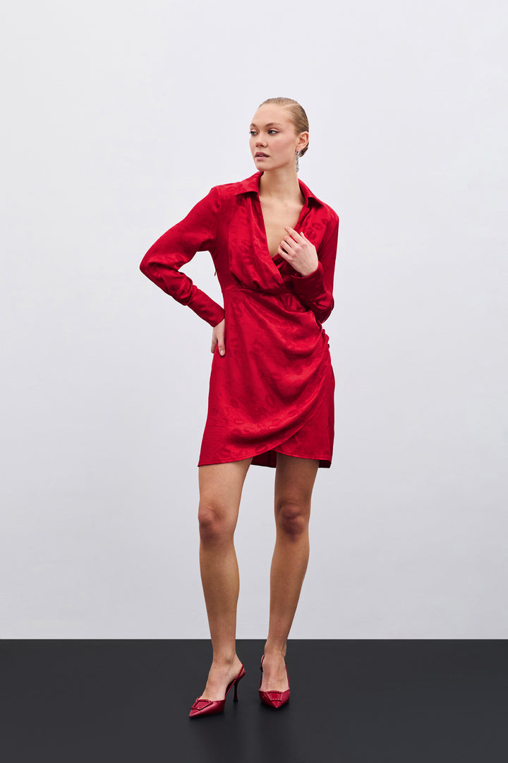 Sateen Robe croisée à motifs - Rouge