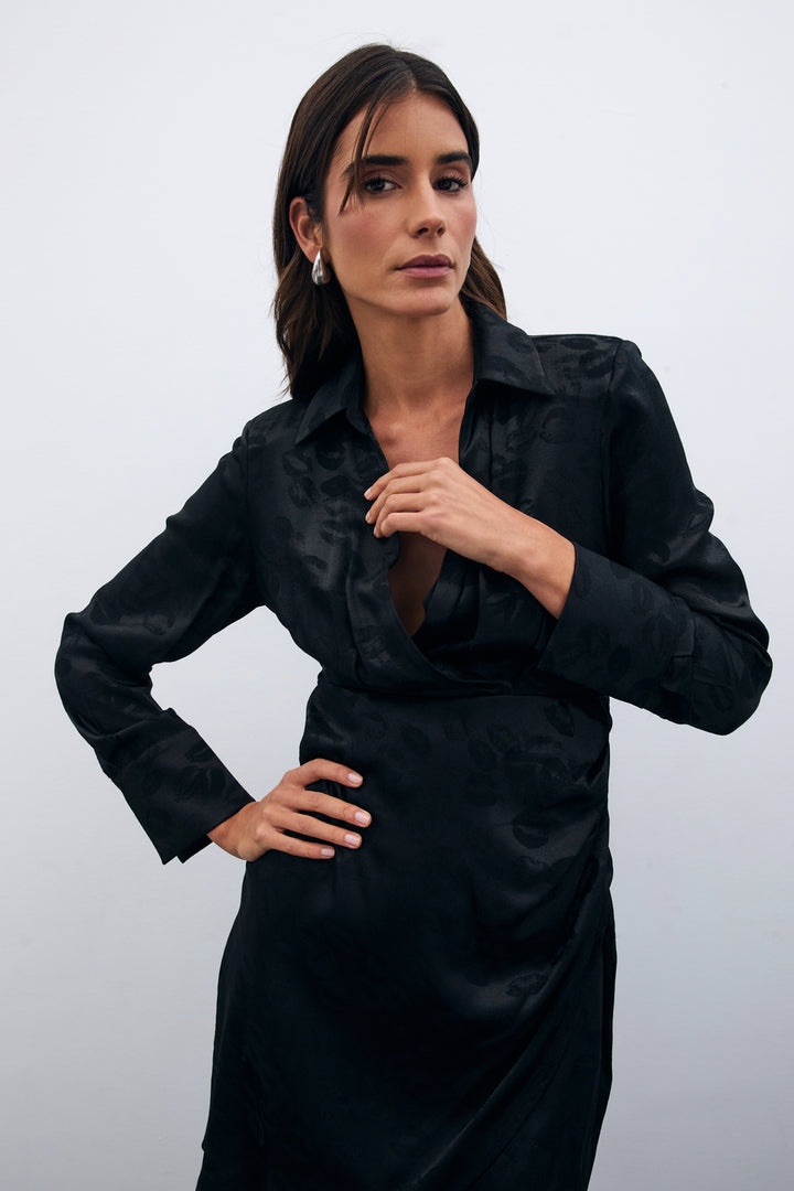 Sateen Robe croisée à motifs - Noir
