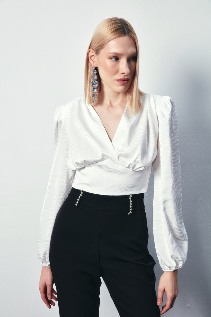 Sateen Blouse en satin à motifs croisés - Écru