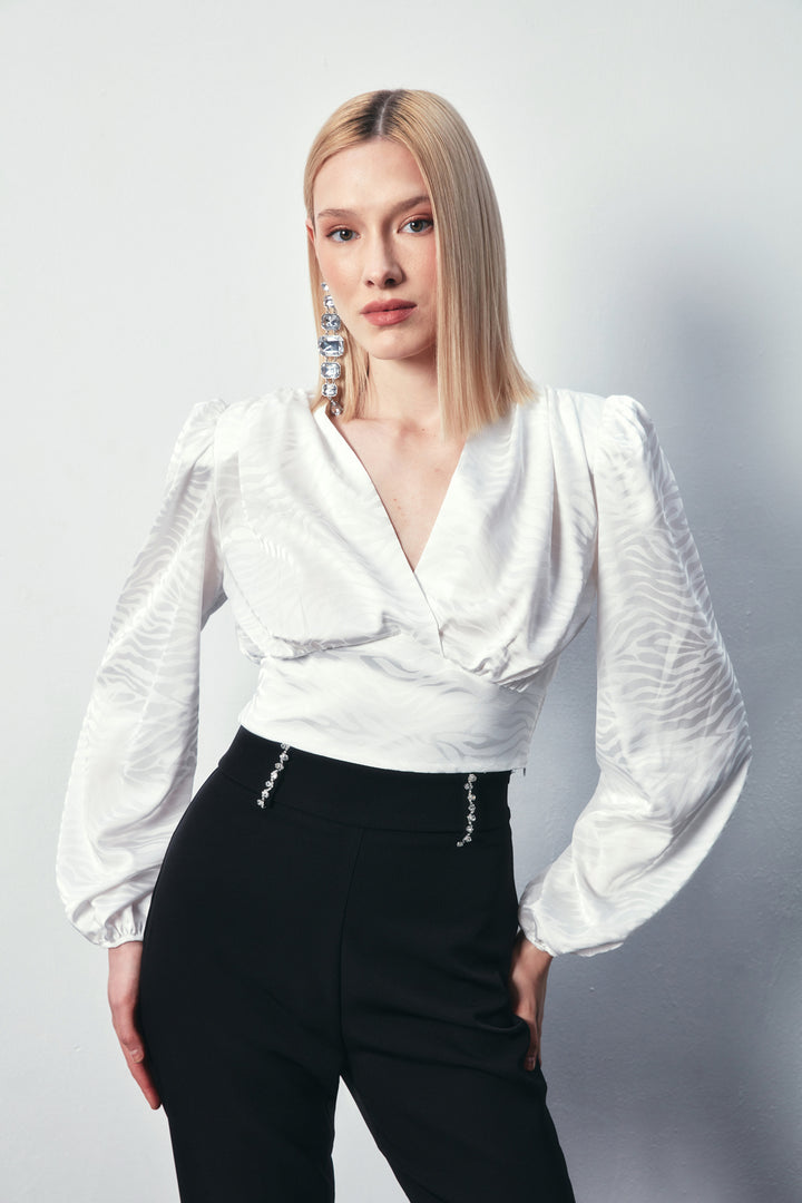 Sateen Blouse en satin à motifs croisés - Écru