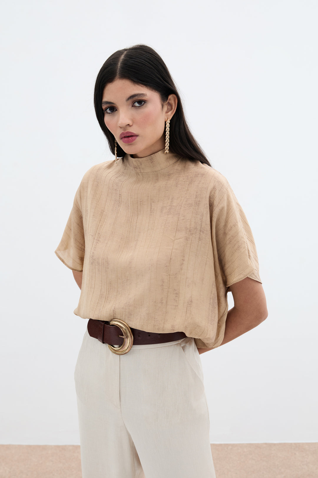 Sateen Blouse Ample Imprimée - camel