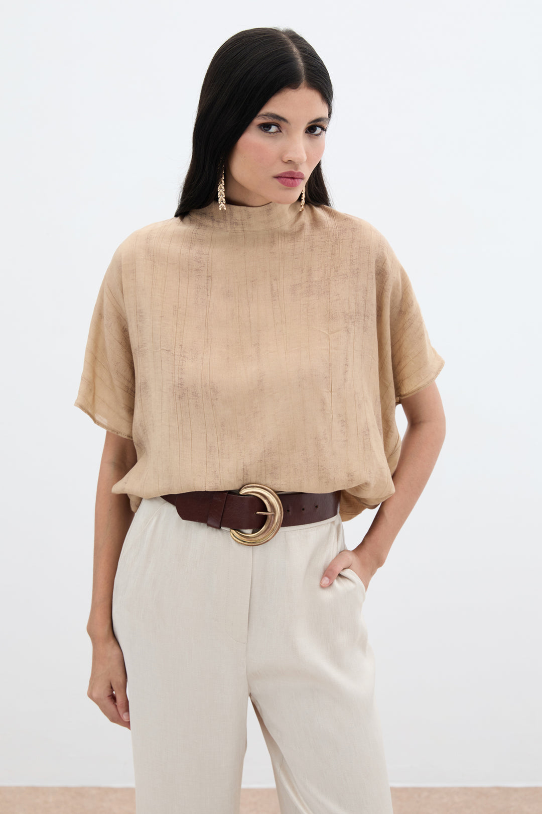 Sateen Blouse Ample Imprimée - camel