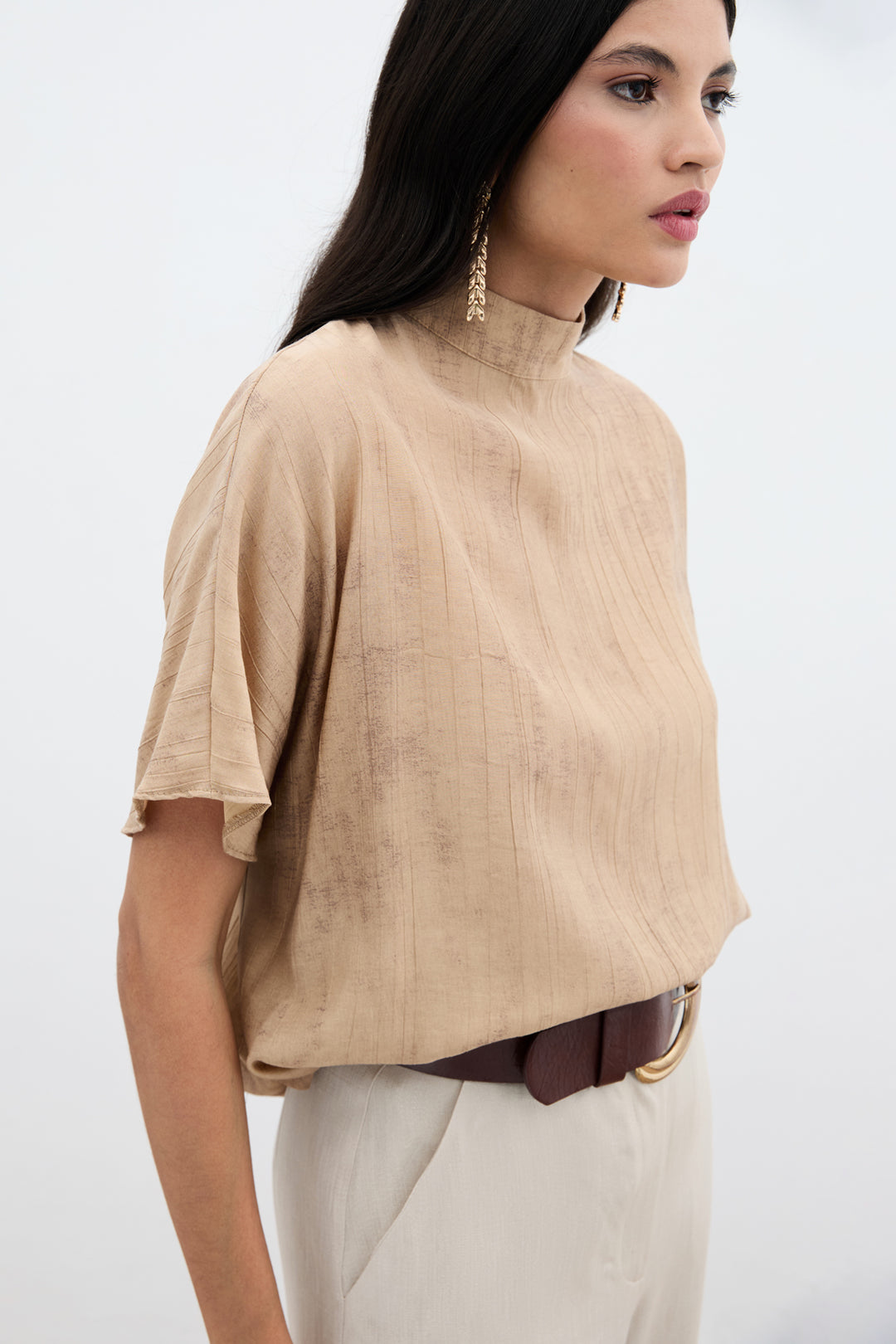 Sateen Blouse Ample Imprimée - camel