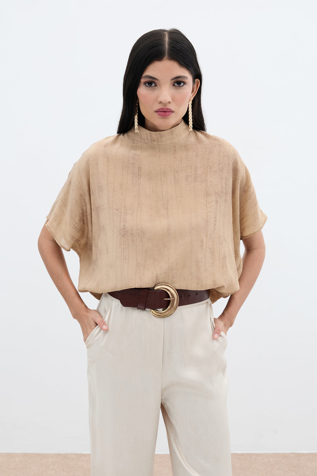 Sateen Blouse Ample Imprimée - camel