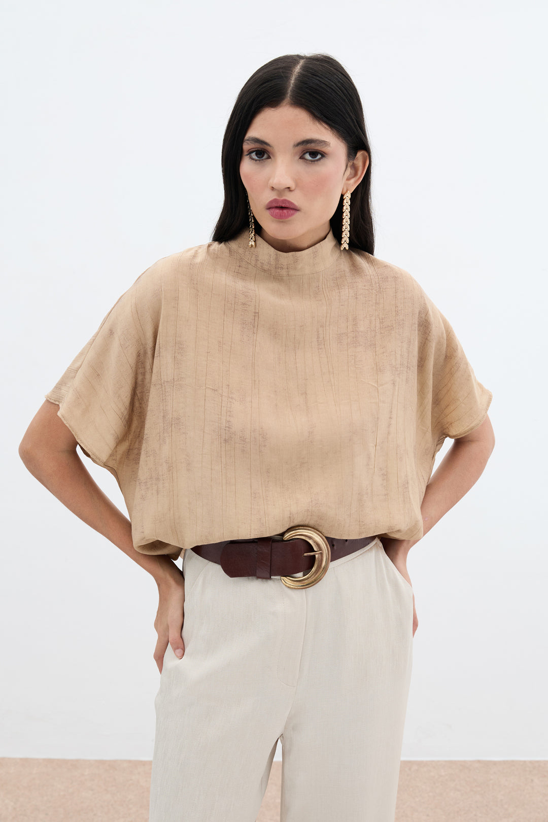 Sateen Blouse Ample Imprimée - camel