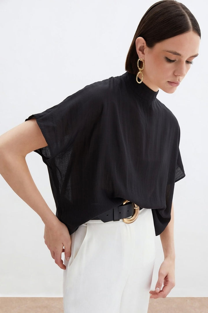 Sateen Blouse Ample Imprimée - Noir