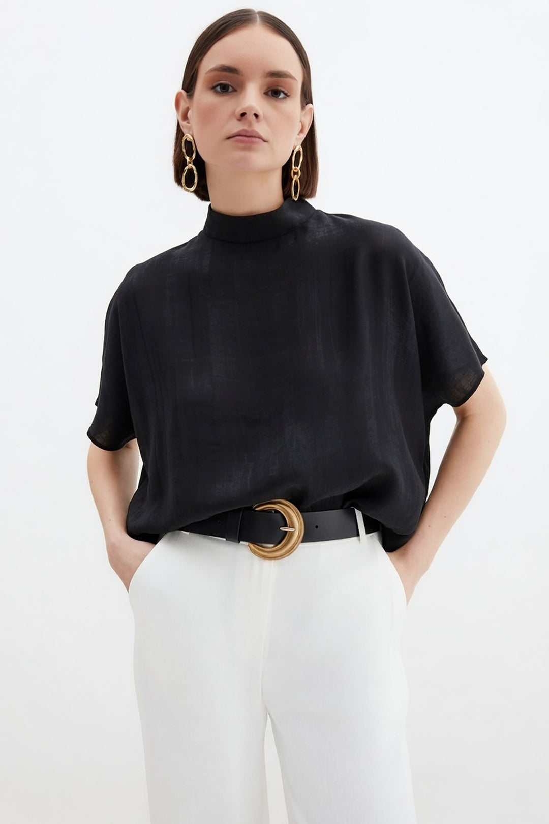 Sateen Blouse Ample Imprimée - Noir