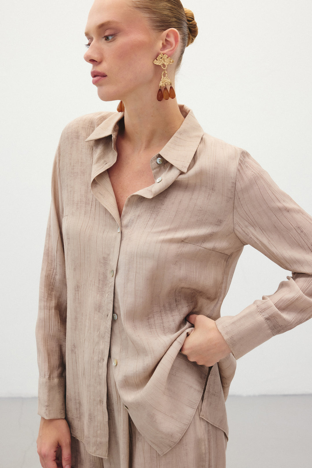 Sateen Chemise Ample Imprimée - Beige