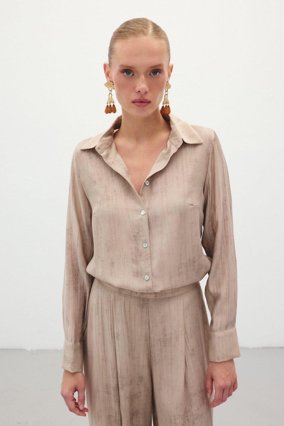 Sateen Chemise Ample Imprimée - Beige