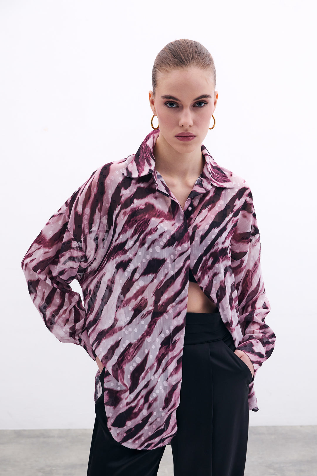 Sateen Chemise ample à motif - Bordeaux