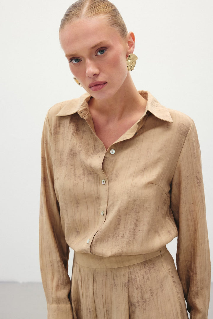 Sateen Chemise Ample Imprimée - camel